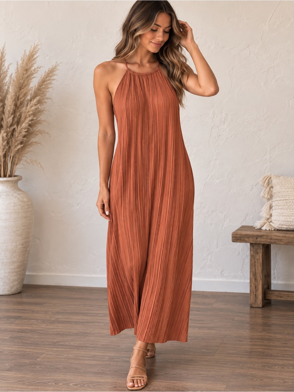 a new day Rust Halter Pleated Wide-Leg Jumpsuit